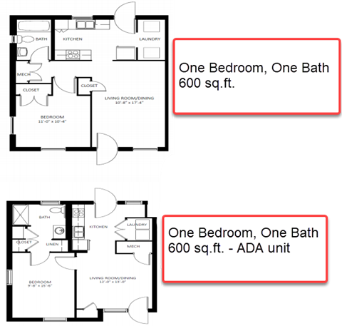 Floor plan for 1 bed, 1 bath