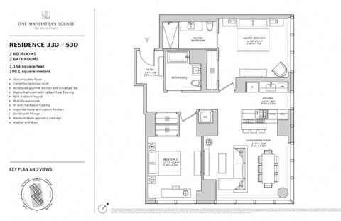 Floor plan for 2 beds, 2 baths, 1164 sqft