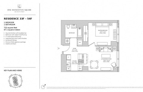 Floor plan for 1 bed, 1 bath, 722 sqft