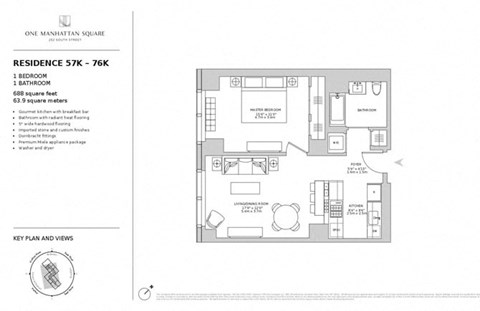 Floor plan for 1 bed, 1 bath, 688 sqft