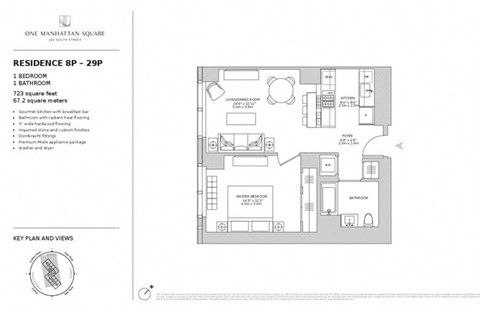 Floor plan for 1 bed, 1 bath, 723 sqft