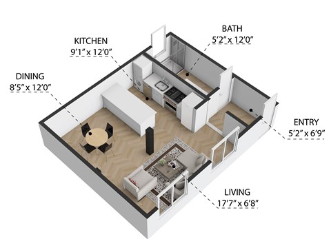 Floor plan for studio, 1 bath, 500 sqft