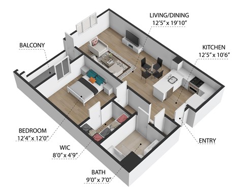 Floor plan for 1 bed, 1 bath, 754 sqft