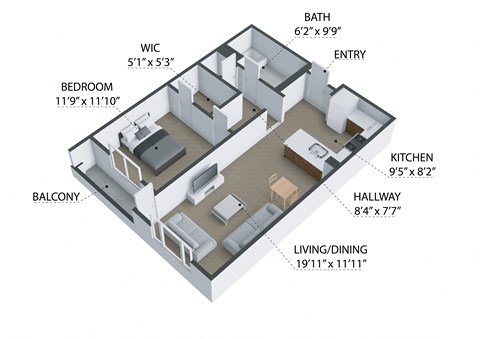 Floor plan for 1 bed, 1 bath, 731 sqft