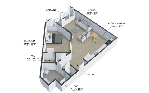 Floor plan for 1 bed, 1 bath, 778 sqft