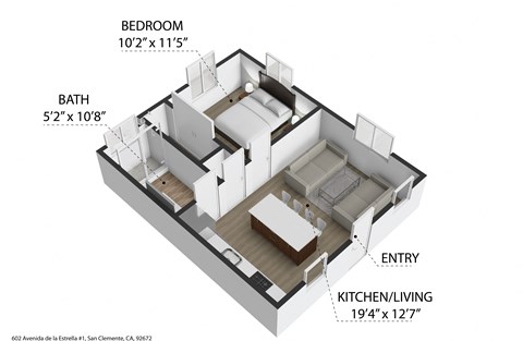 Floor plan for 1 bed, 1 bath, 500 sqft