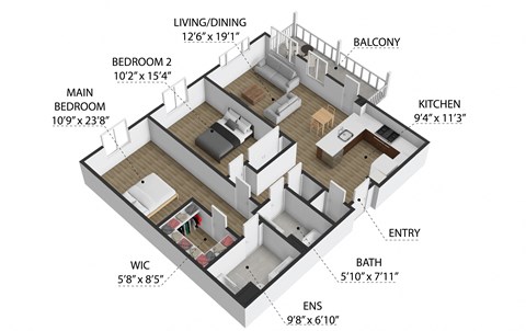 Floor plan for 2 beds, 2 baths, 1151 sqft