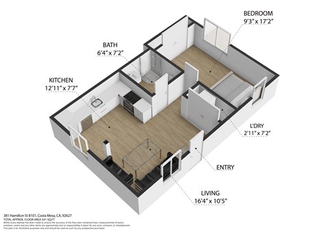 Floor plan for 1 bed, 1 bath, 570 sqft