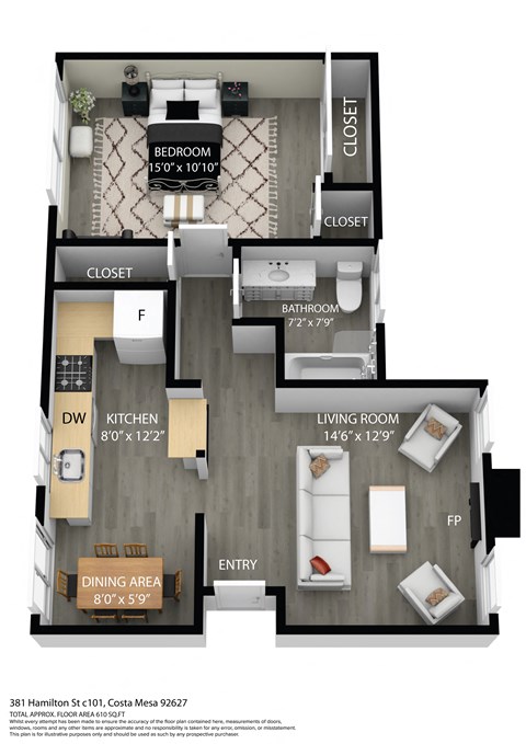 Floor plan for 1 bed, 1 bath, 675 sqft