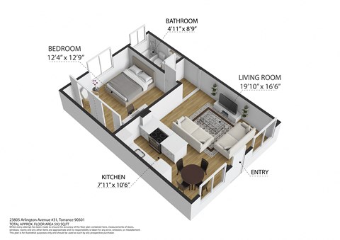 Floor plan for 1 bed, 1 bath, 650 sqft