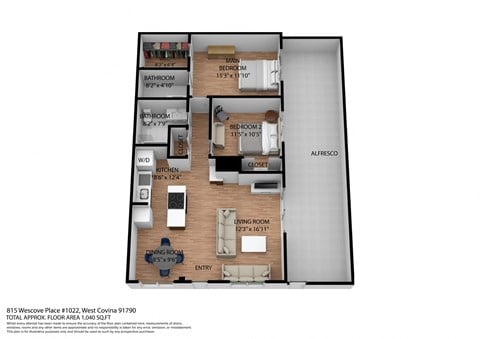 Floor plan for 2 beds, 1.5 baths, 1000 sqft