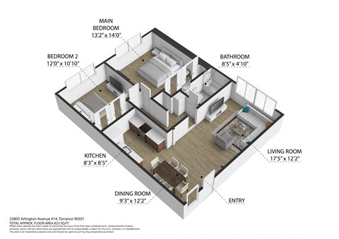 Floor plan for 2 beds, 1 bath, 800 sqft