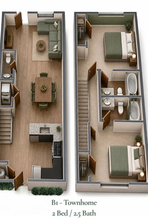 Floor plan for 2 beds, 2.5 baths, 1215 sqft