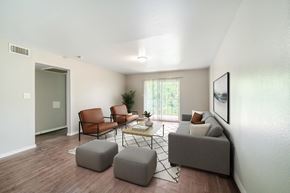 Dallas apartment for rent - A living room with a grey couch, a coffee table, and a plant.