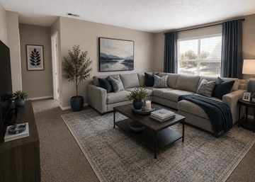 Dallas apartment for rent - A living room with a grey couch, a coffee table, and a painting on the wall.