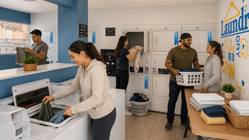 Onsite laundry center with stacked dryers and washers