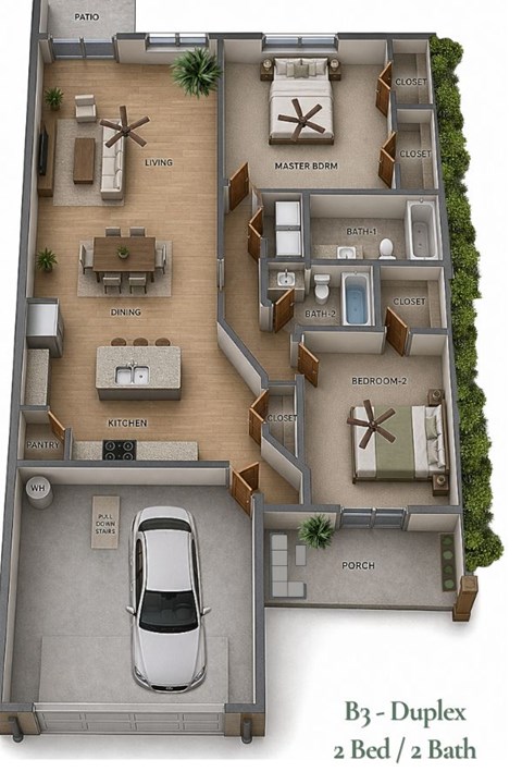 Floor plan for 2 beds, 2 baths, 1229 sqft