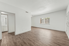 Richardson apartment for rent - a spacious living room with white walls and wood flooring at Oaks at Spring Valley, Texas