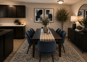 Dallas apartment for rent - A dining room with a table surrounded by chairs and a plant on the table.