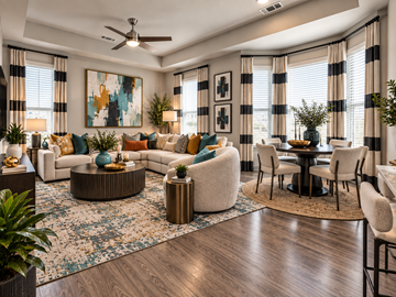 San Antonio apartment for rent - A living room with a large painting on the wall and a round coffee table in the center.