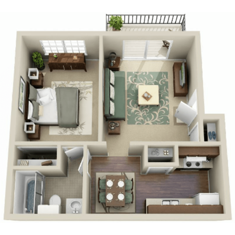 Floor plan for 1 bed, 1 bath, 680 sqft