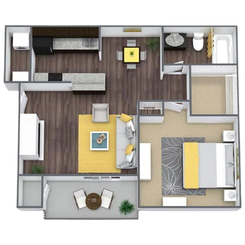 Floor plan for 1 bed, 1 bath, 690 sqft