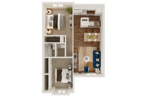 Floor plan for 2 beds, 1 bath, 973 sqft