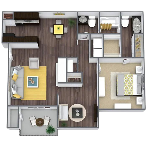 Floor plan for 2 beds, 1.5 baths, 879 sqft