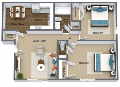 Floor plan for 2 beds, 1.5 baths, 850 sqft