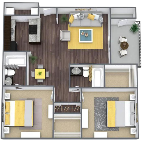 Floor plan for 2 beds, 2 baths, 932 sqft