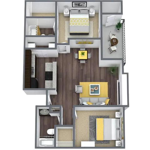 Floor plan for 2 beds, 2 baths, 966 sqft