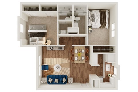 Floor plan for 2 beds, 2 baths, 969 sqft