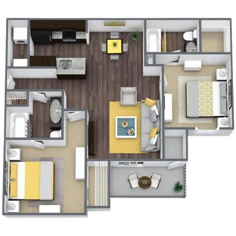 Floor plan for 2 beds, 2 baths, 975 sqft