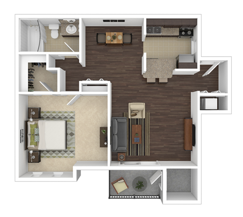 Floor plan for 1 bed, 1 bath, 890 sqft