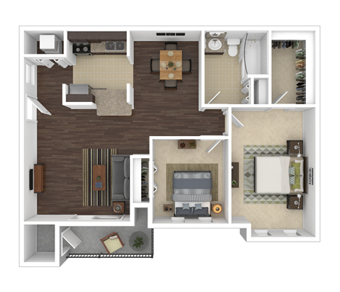 Floor plan for 2 beds, 1 bath, 970 sqft