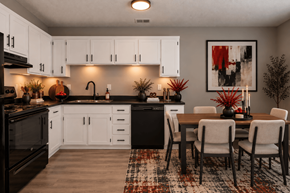 Jacksonville apartment for rent - A modern kitchen with white cabinets and a black countertop.
