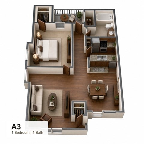 Floor plan for 1 bed, 1 bath, 742 sqft