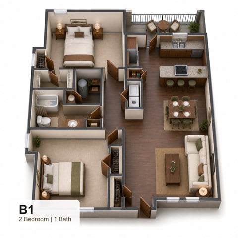 Floor plan for 2 beds, 1 bath, 874 sqft