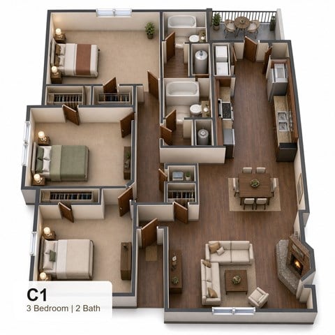 Floor plan for 3 beds, 2 baths, 1239 sqft