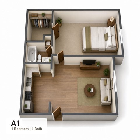Floor plan for 1 bed, 1 bath, 656 sqft