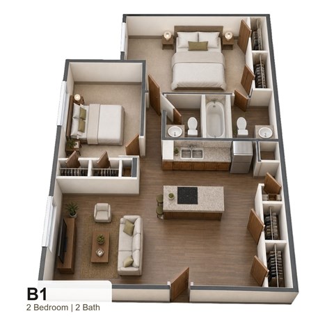 Floor plan for 2 beds, 1.5 baths, 887 sqft