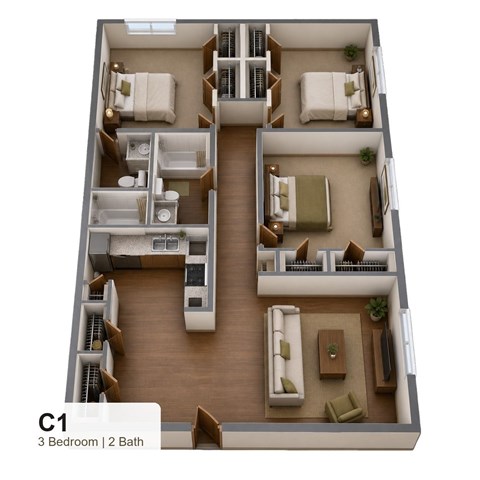 Floor plan for 3 beds, 2 baths, 1065 sqft