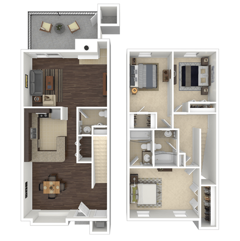 Floor plan for 3 beds, 2.5 baths, 1541 sqft