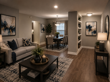 Houston townhouse for rent - A modern living room with a grey sofa, a wooden coffee table, and a dining table with chairs.