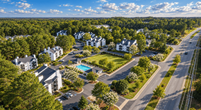 Fayetteville apartment for rent - A bird's eye view of a residential area with houses, roads, and a swimming pool.