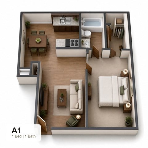 Floor plan for 1 bed, 1 bath, 506 sqft
