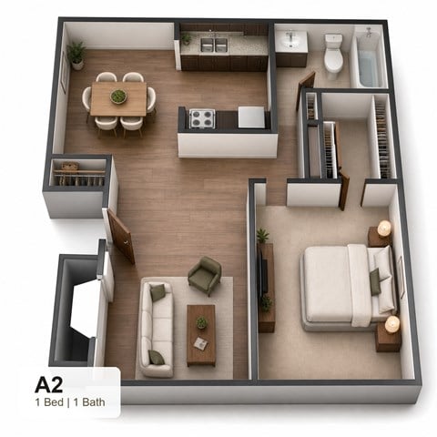 Floor plan for 1 bed, 1 bath, 625 sqft