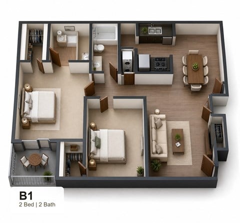 Floor plan for 2 beds, 2 baths, 889 sqft