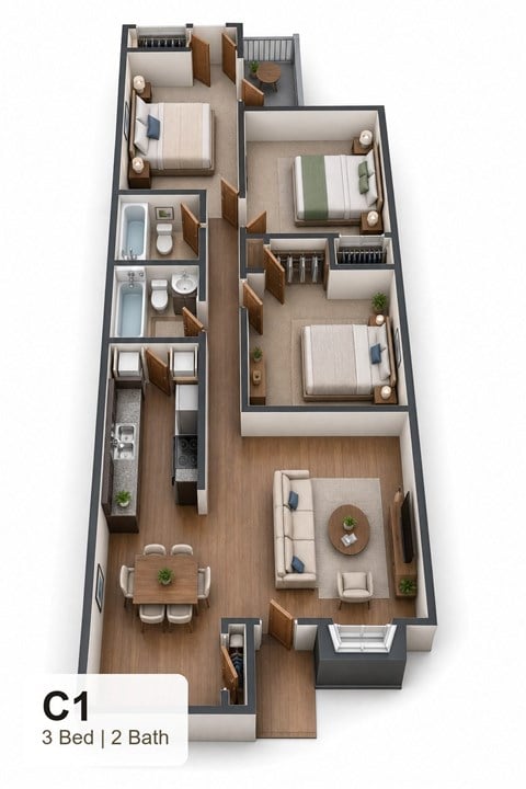 Floor plan for 3 beds, 2 baths