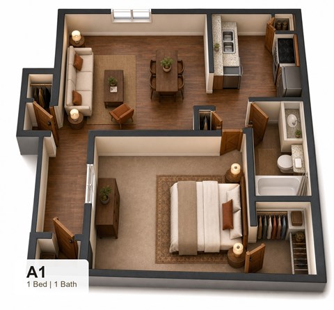 Floor plan for 1 bed, 1 bath, 650 sqft
